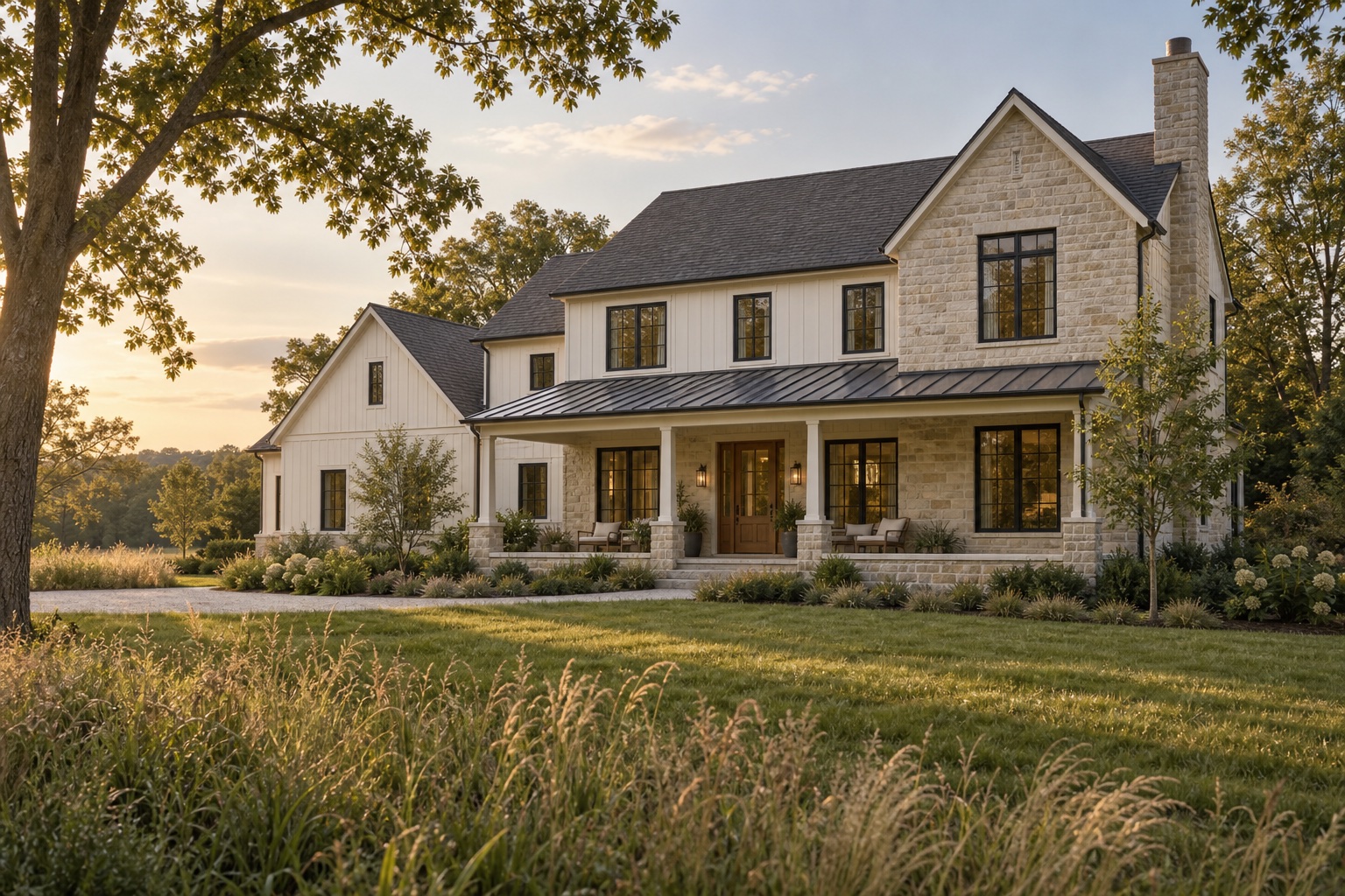 Architectural concept of a welcoming light-stone country home with a generous front porch